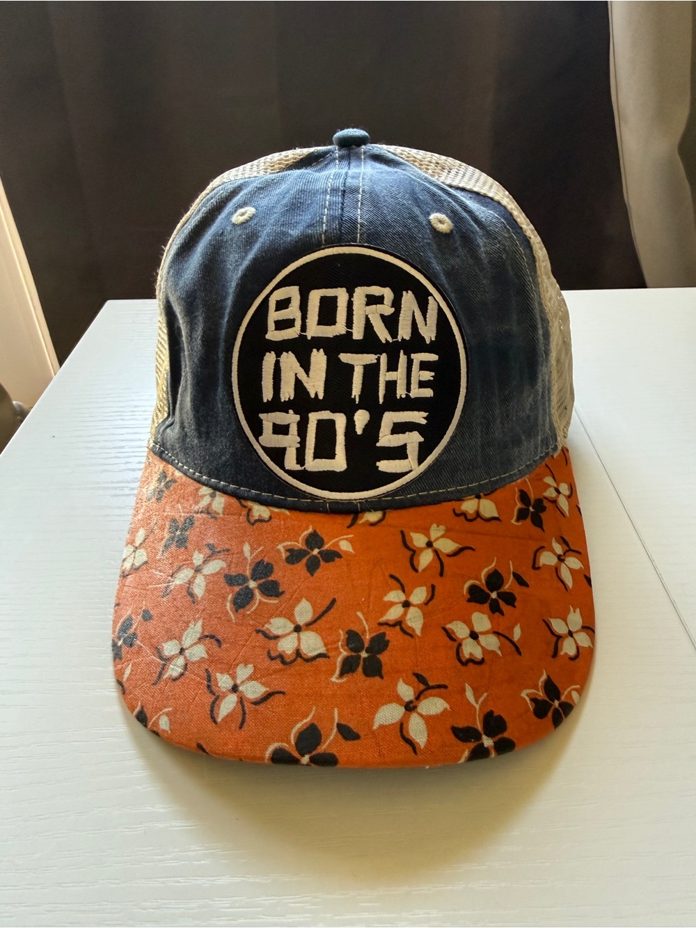 Born in the 90's Floral Brim Trucker Hat Blue Orange Mesh Adjustable SnapBack OS